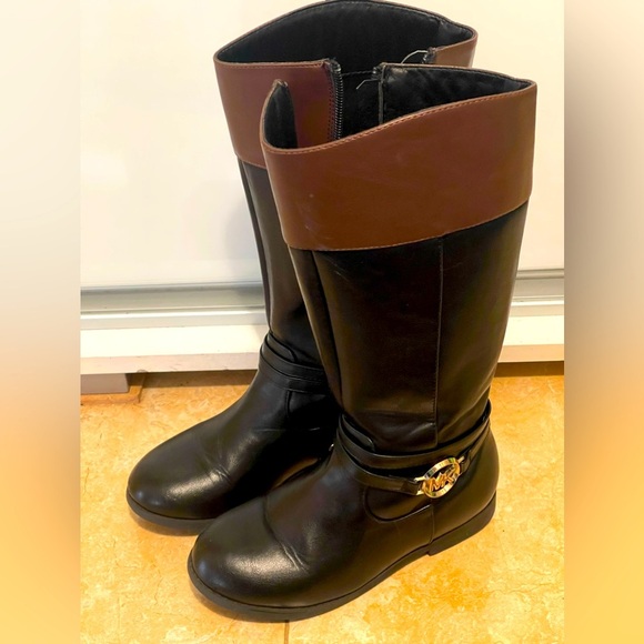 Michael Kors Girls Riding Boots Size 13 (19 Cm)Black/ Brown Zip Calf Length - Picture 1 of 8
